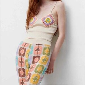 NWOT Zara Crochet Cropped Spaghetti Strap Tank Top Boho Rainbow Rib Knit XS-S